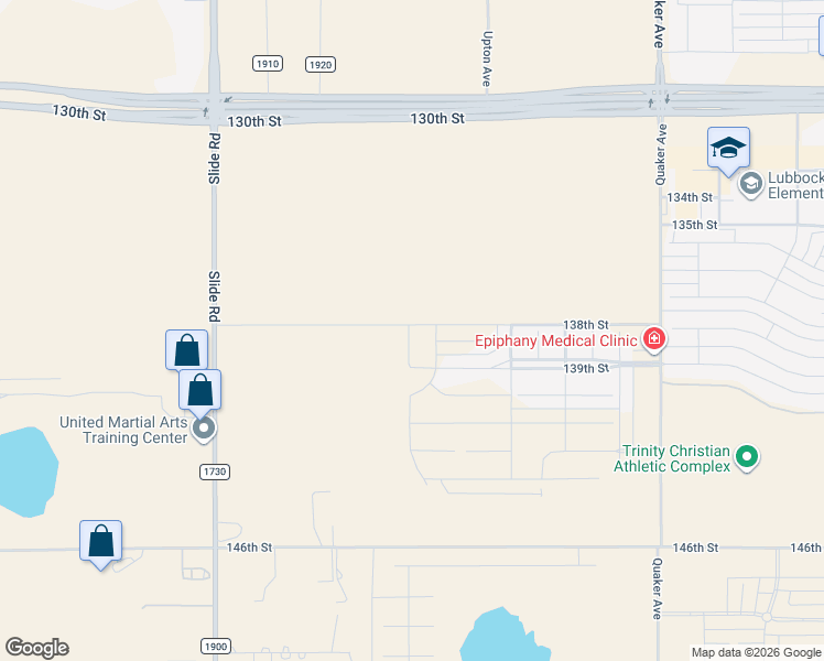 map of restaurants, bars, coffee shops, grocery stores, and more near 13206 Quaker Avenue in Lubbock