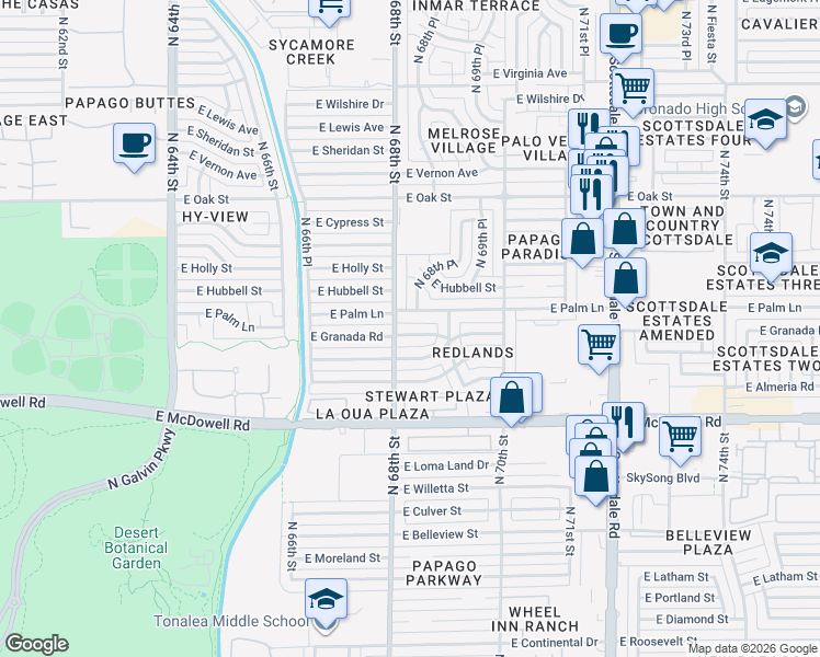 map of restaurants, bars, coffee shops, grocery stores, and more near 6802 East Coronado Road in Scottsdale