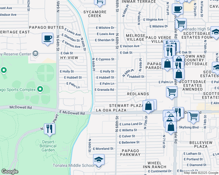 map of restaurants, bars, coffee shops, grocery stores, and more near 6720 East Coronado Road in Scottsdale