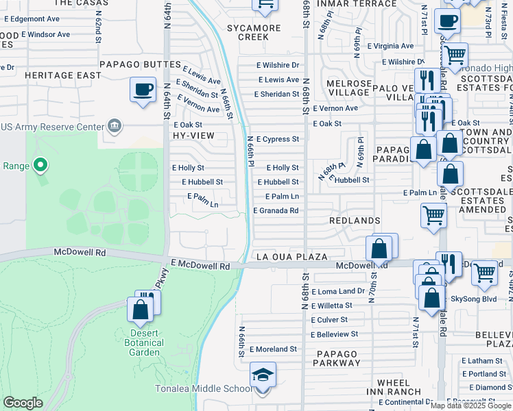 map of restaurants, bars, coffee shops, grocery stores, and more near 6638 East Coronado Road in Scottsdale