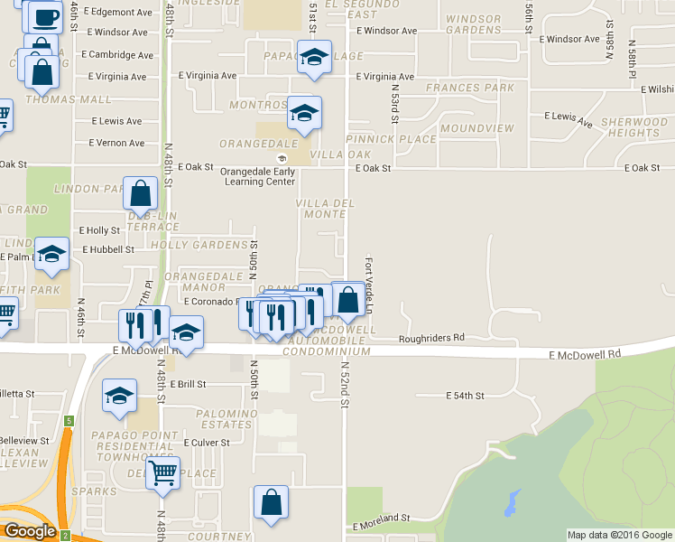 map of restaurants, bars, coffee shops, grocery stores, and more near 1814 North 52nd Street in Phoenix
