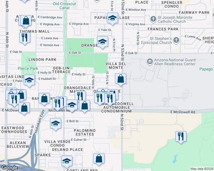 map of restaurants, bars, coffee shops, grocery stores, and more near 1811 North 51st Street in Phoenix