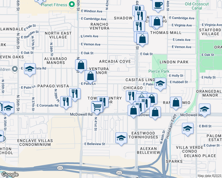 map of restaurants, bars, coffee shops, grocery stores, and more near 4148 East Coronado Road in Phoenix