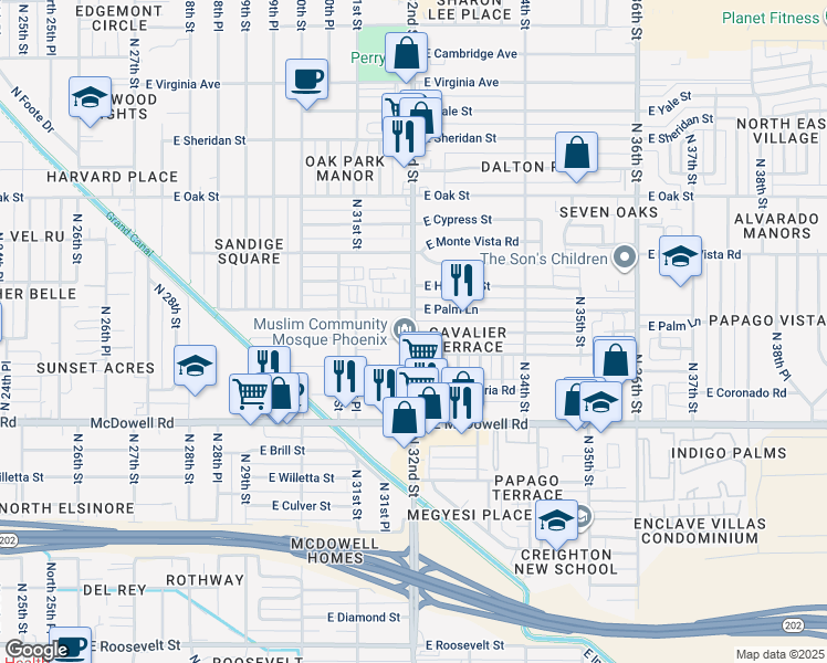 map of restaurants, bars, coffee shops, grocery stores, and more near 1727 North 32nd Street in Phoenix