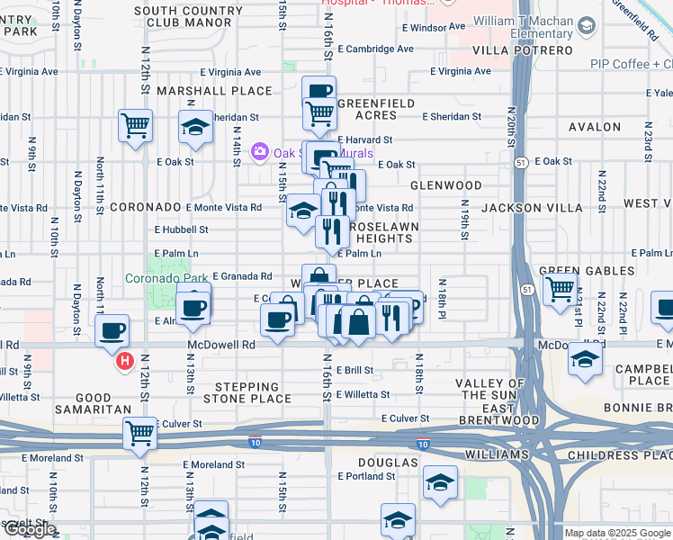 map of restaurants, bars, coffee shops, grocery stores, and more near 1810 North Whittier Drive in Phoenix