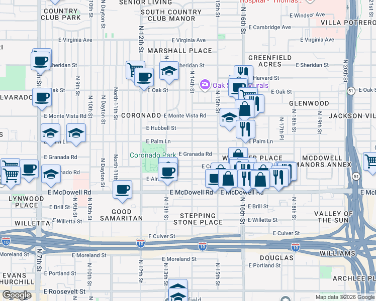 map of restaurants, bars, coffee shops, grocery stores, and more near 1330 East Coronado Road in Phoenix