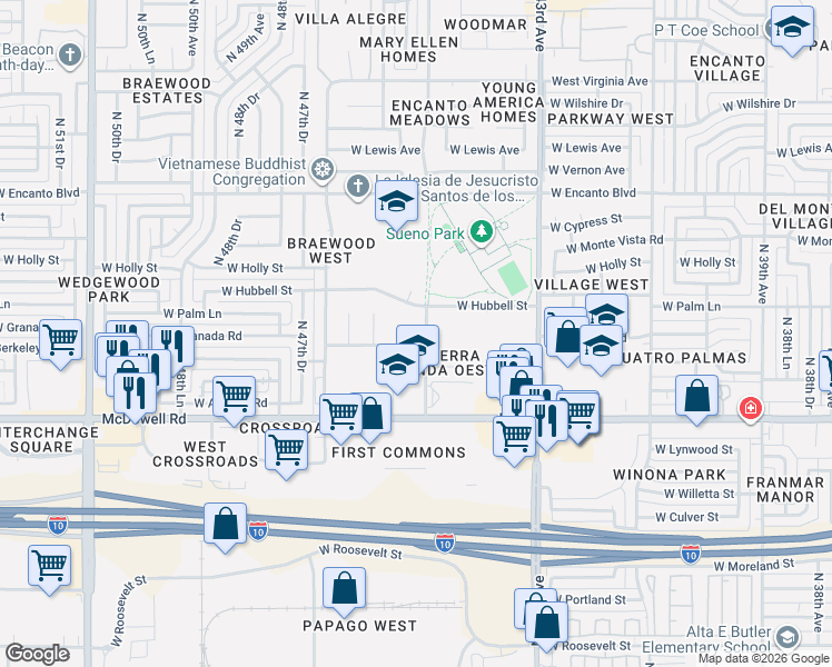 map of restaurants, bars, coffee shops, grocery stores, and more near 4507 West Granada Road in Phoenix