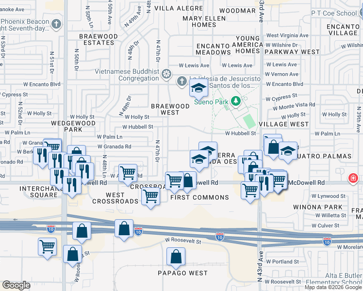 map of restaurants, bars, coffee shops, grocery stores, and more near 4641 West Granada Road in Phoenix