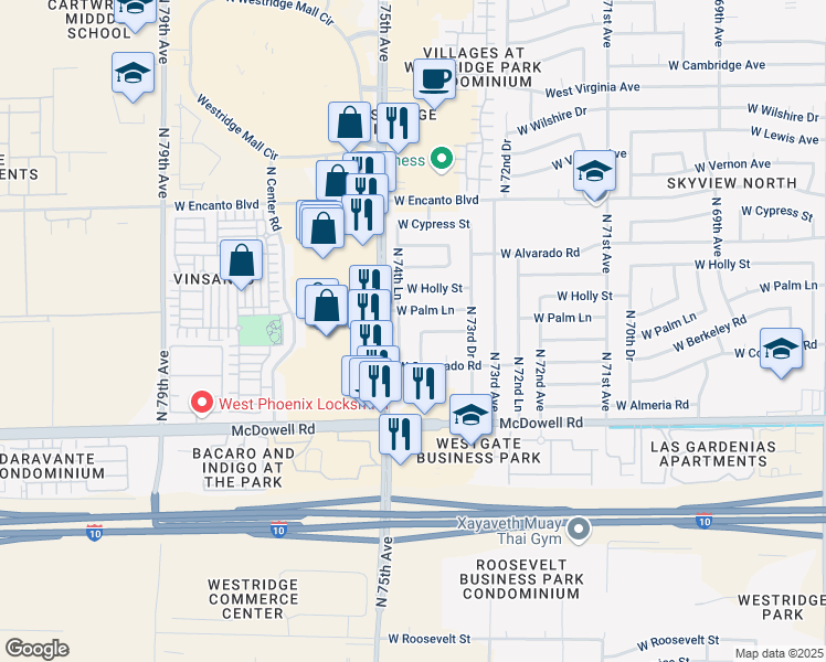 map of restaurants, bars, coffee shops, grocery stores, and more near 1808 North 74th Avenue in Phoenix
