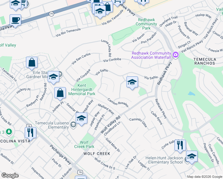 map of restaurants, bars, coffee shops, grocery stores, and more near 45412 Corte Progreso in Temecula