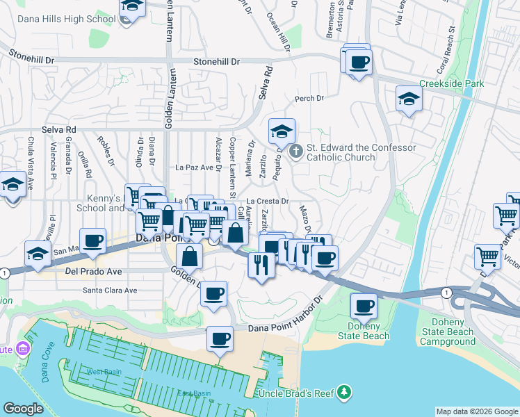 map of restaurants, bars, coffee shops, grocery stores, and more near 34071 El Contento in Dana Point
