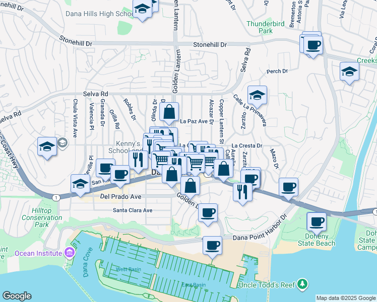 map of restaurants, bars, coffee shops, grocery stores, and more near 34081 1/2 Malaga Drive in Dana Point