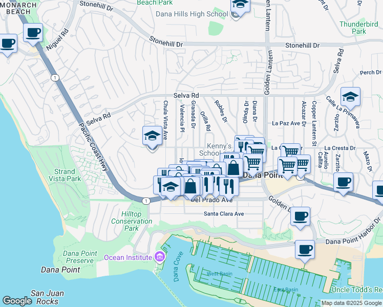 map of restaurants, bars, coffee shops, grocery stores, and more near 34072 Granada Drive in Dana Point