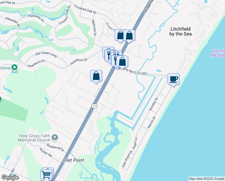 map of restaurants, bars, coffee shops, grocery stores, and more near 380 Salt Marsh Circle in Pawleys Island