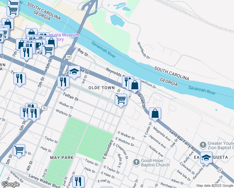 map of restaurants, bars, coffee shops, grocery stores, and more near 17 Greene Street in Augusta