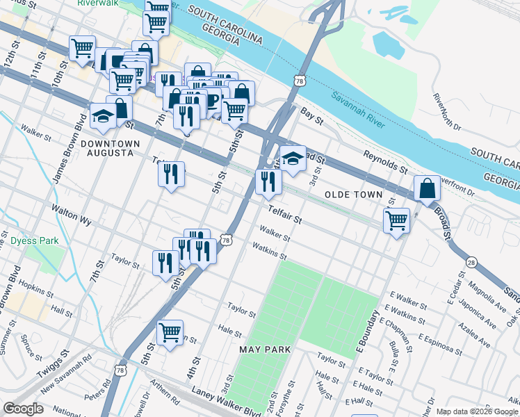 map of restaurants, bars, coffee shops, grocery stores, and more near 403 Walker Street in Augusta
