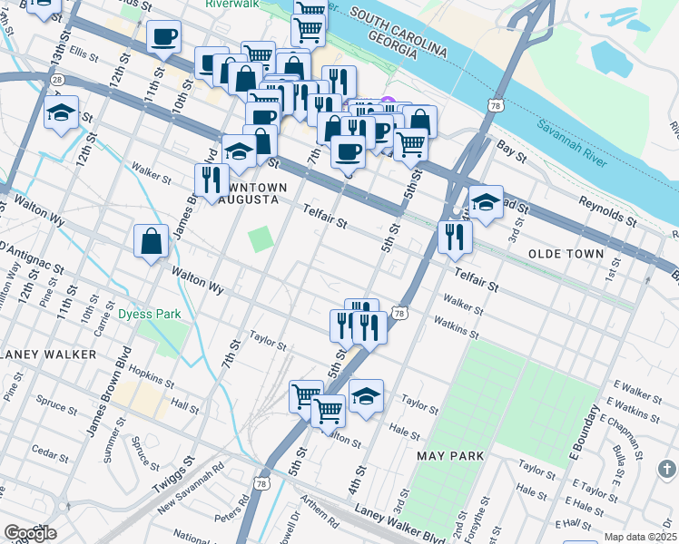 map of restaurants, bars, coffee shops, grocery stores, and more near 625 5th Street in Augusta