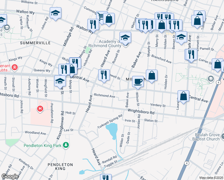 map of restaurants, bars, coffee shops, grocery stores, and more near 2009 Richmond Avenue in Augusta