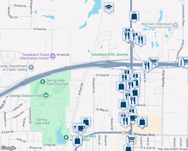 map of restaurants, bars, coffee shops, grocery stores, and more near 4925 Elizabeth Street in Texarkana