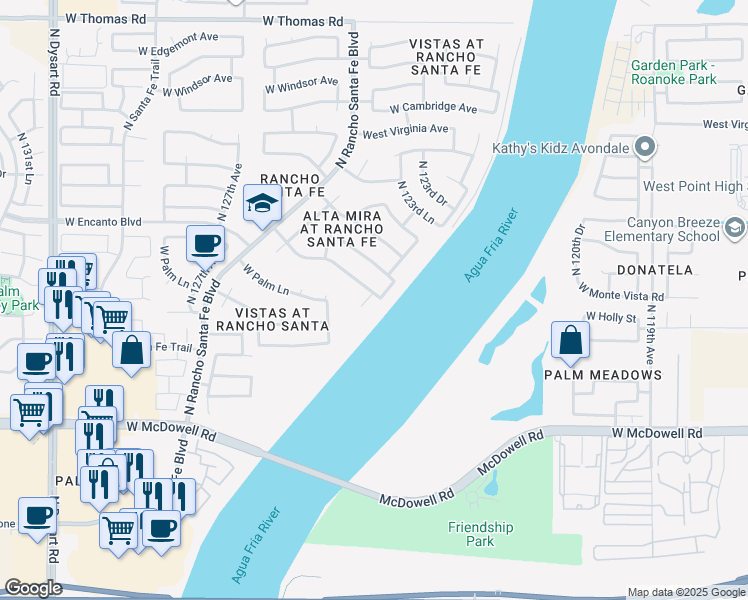 map of restaurants, bars, coffee shops, grocery stores, and more near 2001 North 123rd Drive in Avondale