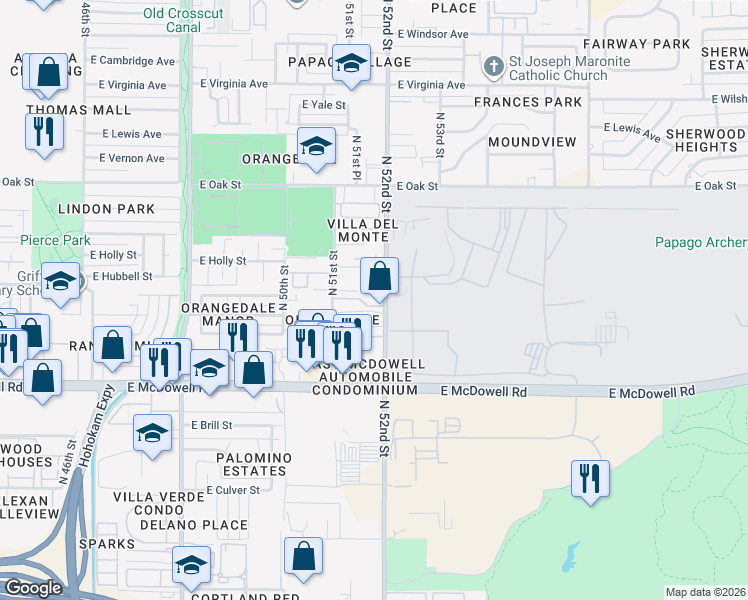 map of restaurants, bars, coffee shops, grocery stores, and more near 1814 North 52nd Street in Phoenix