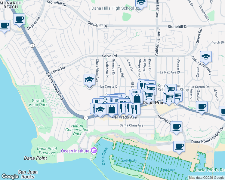 map of restaurants, bars, coffee shops, grocery stores, and more near 34021 Granada Drive in Dana Point