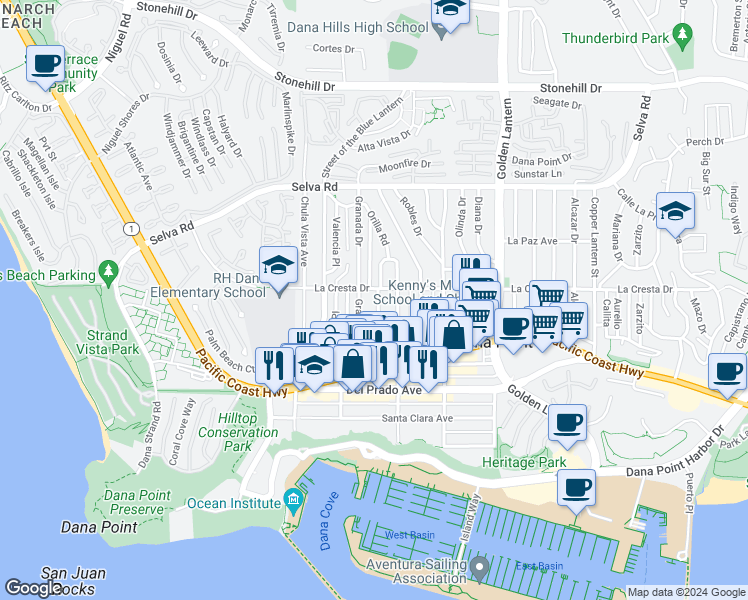 map of restaurants, bars, coffee shops, grocery stores, and more near 34021 La Serena Drive in Dana Point