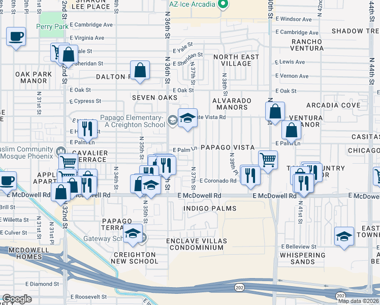 map of restaurants, bars, coffee shops, grocery stores, and more near 1825 North 37th Street in Phoenix