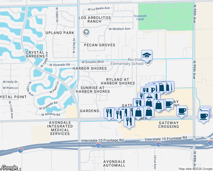 map of restaurants, bars, coffee shops, grocery stores, and more near 10350 West McDowell Road in Avondale