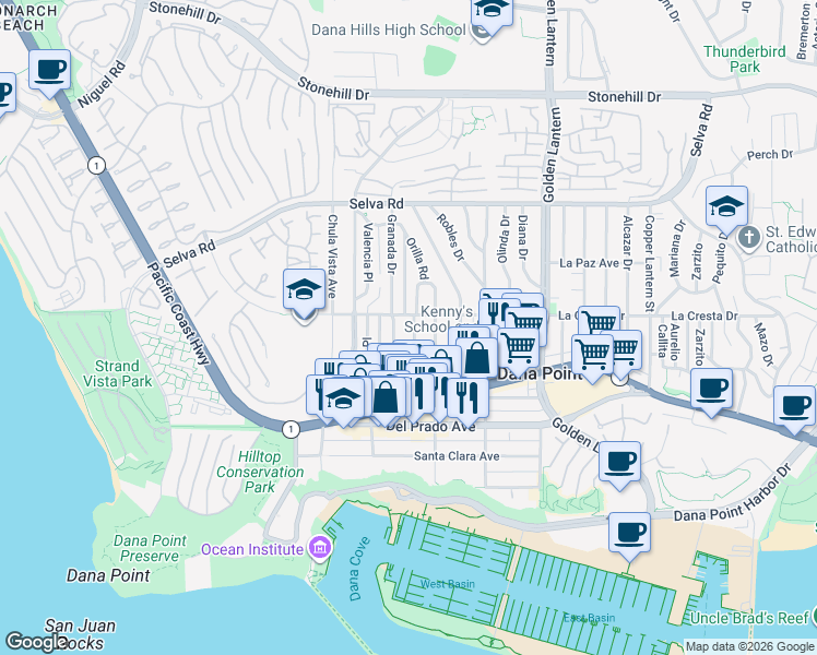 map of restaurants, bars, coffee shops, grocery stores, and more near 34072 Granada Drive in Dana Point