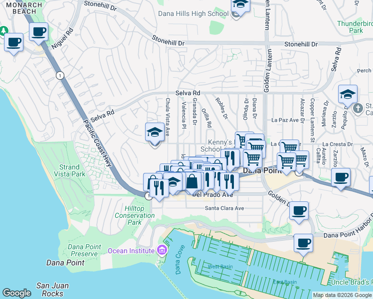 map of restaurants, bars, coffee shops, grocery stores, and more near 34072 Street of the Blue Lantern in Dana Point