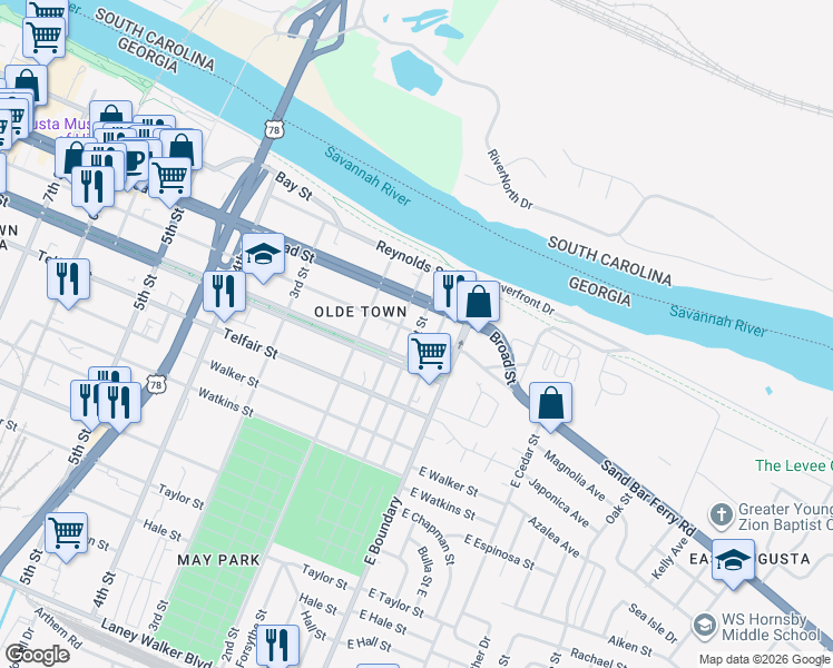 map of restaurants, bars, coffee shops, grocery stores, and more near 17 Greene Street in Augusta