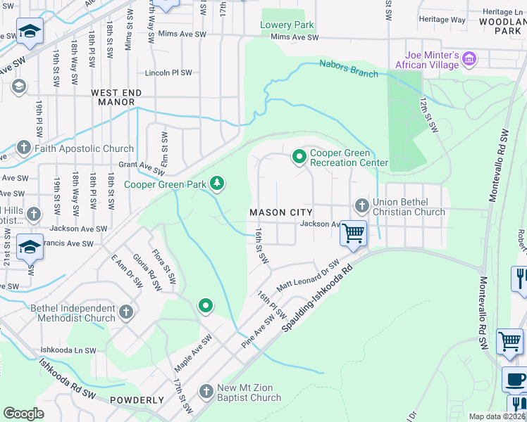 map of restaurants, bars, coffee shops, grocery stores, and more near 2000 16th Street Southwest in Birmingham