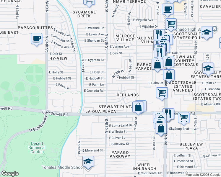 map of restaurants, bars, coffee shops, grocery stores, and more near 6802 East Coronado Road in Scottsdale