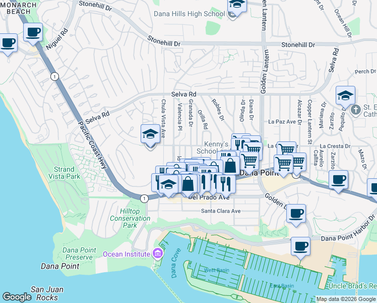 map of restaurants, bars, coffee shops, grocery stores, and more near in MONARCH BAY