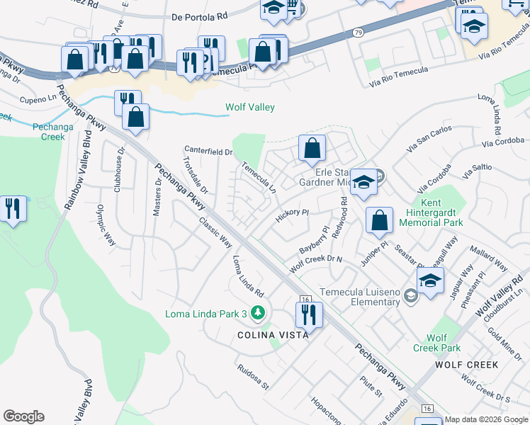 map of restaurants, bars, coffee shops, grocery stores, and more near 45594 Calle Luna in Temecula