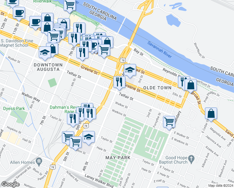 map of restaurants, bars, coffee shops, grocery stores, and more near 350 Telfair Street in Augusta