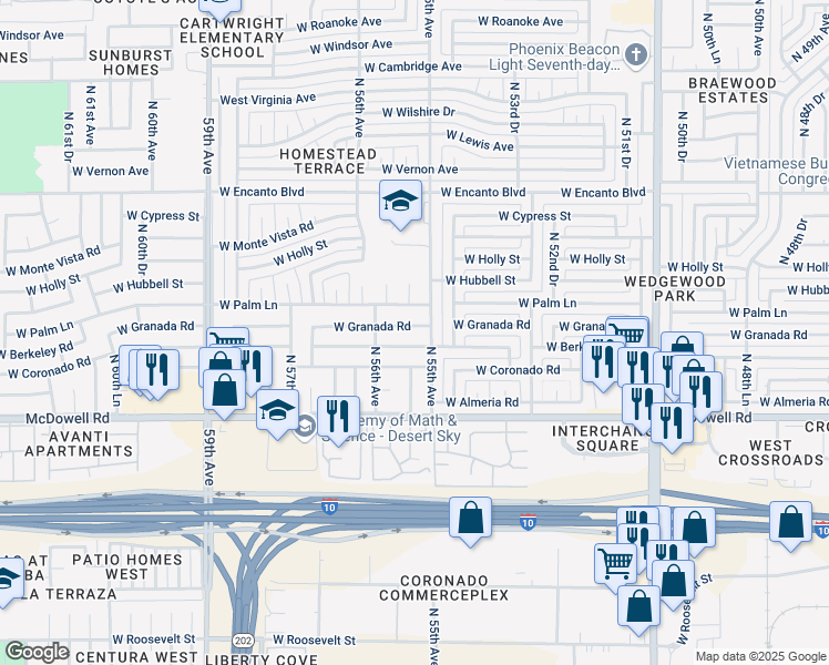 map of restaurants, bars, coffee shops, grocery stores, and more near 5529 West Berkeley Road in Phoenix
