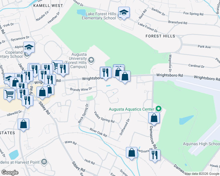 map of restaurants, bars, coffee shops, grocery stores, and more near 3209 Summerchase Circle in Augusta