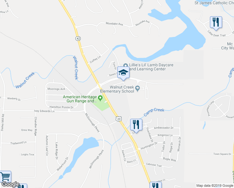 map of restaurants, bars, coffee shops, grocery stores, and more near 228 Leland Lane in McDonough