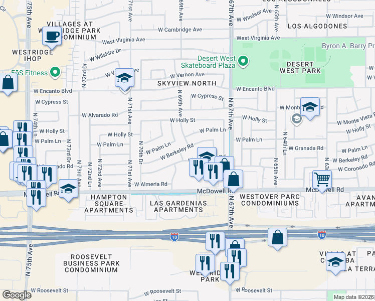 map of restaurants, bars, coffee shops, grocery stores, and more near 6902 West Coronado Road in Phoenix