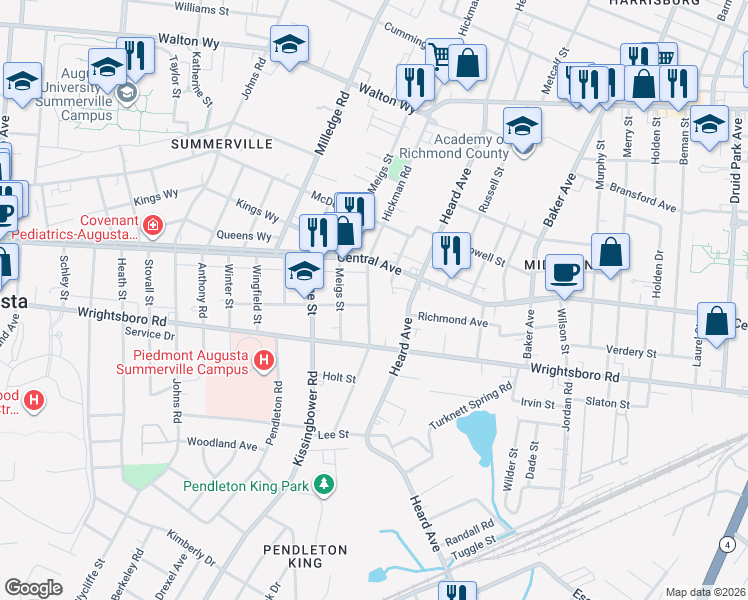 map of restaurants, bars, coffee shops, grocery stores, and more near 1311 Hickman Road in Augusta