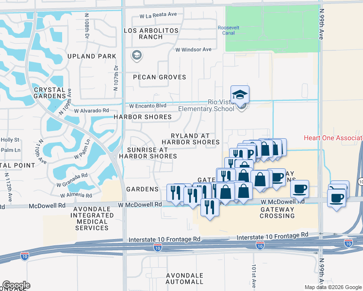 map of restaurants, bars, coffee shops, grocery stores, and more near 10350 West McDowell Road in Avondale
