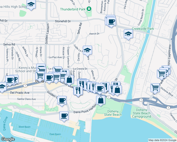 map of restaurants, bars, coffee shops, grocery stores, and more near 34022 Crystal Lantern in Dana Point