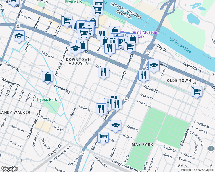 map of restaurants, bars, coffee shops, grocery stores, and more near 537 Watkins Street in Augusta