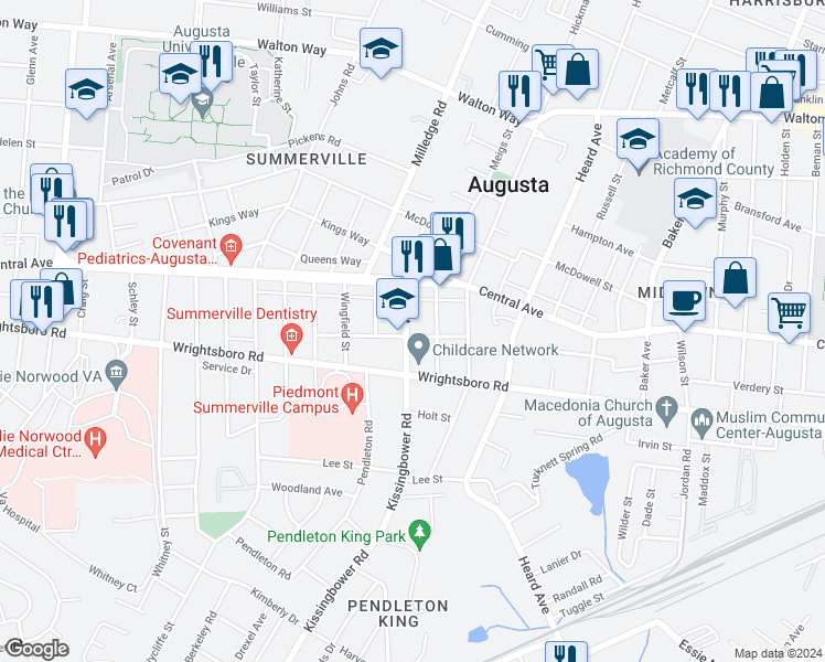 map of restaurants, bars, coffee shops, grocery stores, and more near 2147 Richmond Avenue in Augusta