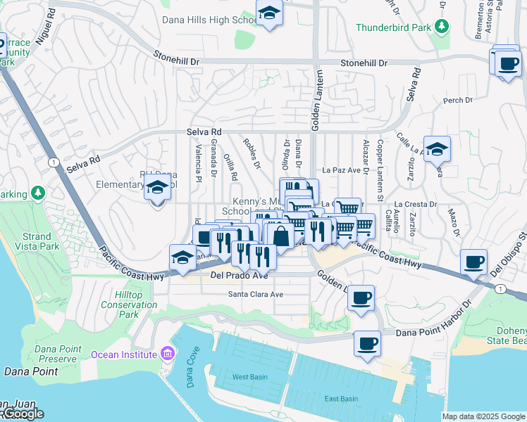 map of restaurants, bars, coffee shops, grocery stores, and more near 34022 El Encanto Avenue in Dana Point