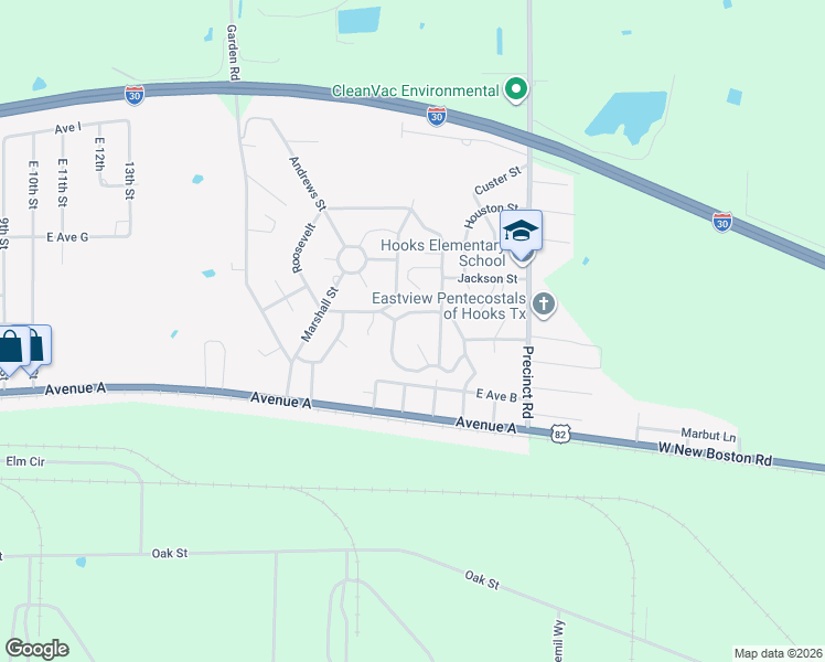 map of restaurants, bars, coffee shops, grocery stores, and more near 402 Grant Street in Hooks
