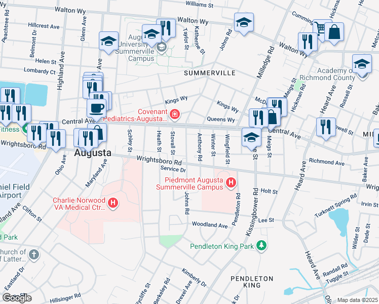 map of restaurants, bars, coffee shops, grocery stores, and more near 1442 Johns Road in Augusta