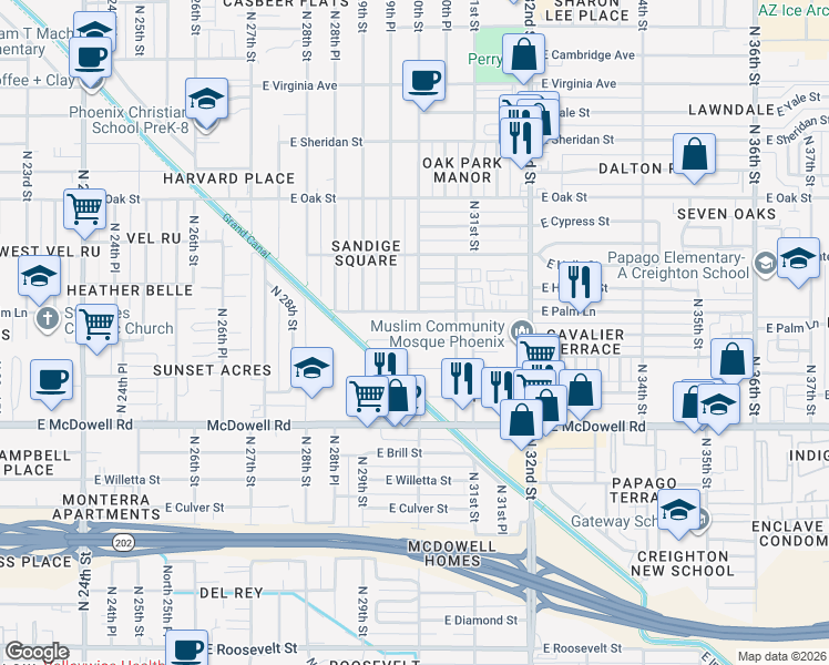 map of restaurants, bars, coffee shops, grocery stores, and more near 3000 East Palm Lane in Phoenix